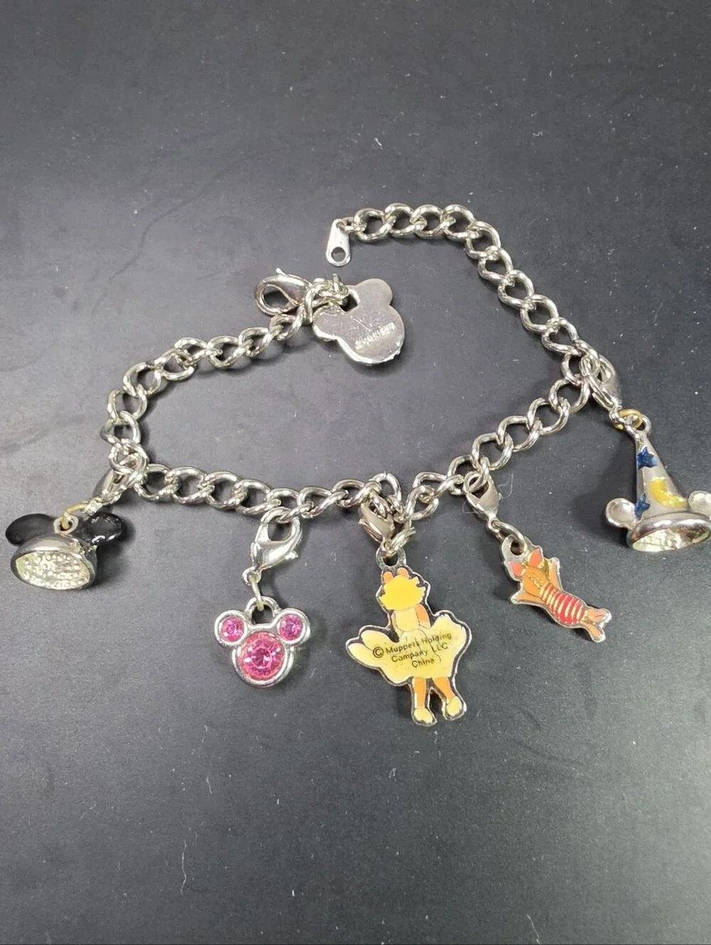 Kids Disney Silver Charm Bracelet with Pink and Black Mickey Charms